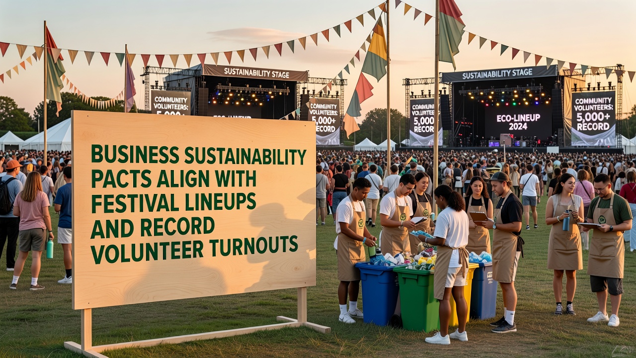 Volunteers sorting recyclables at a large outdoor festival with sustainability banners visible
