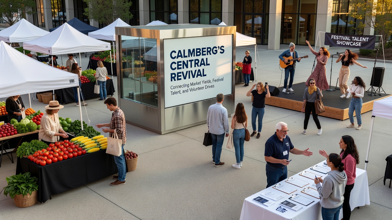Volunteers setting up performance stages in Calmberg town square during festival preparations